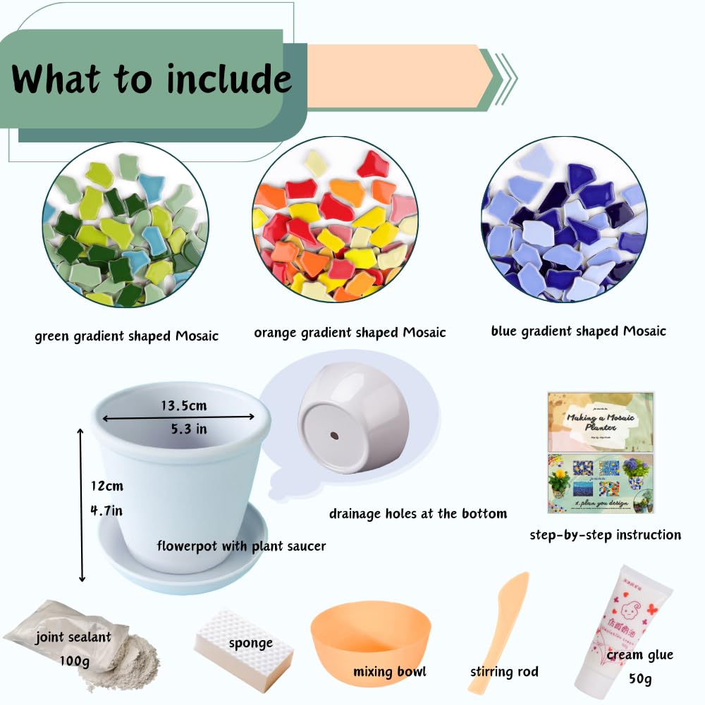 jiezaidada DIY Mosaic Planter Kit – All-in-One Ceramic Tile Craft for Beginners, Home Décor Pot with Drainage & Tray, Great for Creative Hobbies, Gifts, or Family Projects jiezaidada