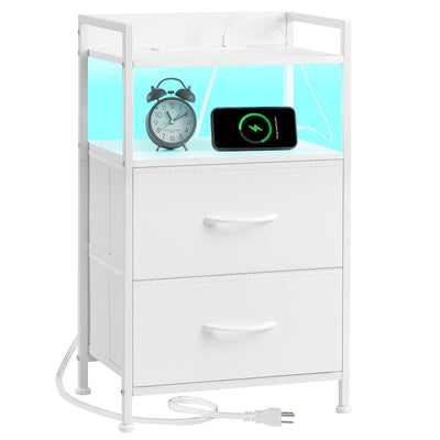 Somdot White Nightstand with Charging Station and LED Light for Bedroom, 2 Drawers Dresser with Fabric Bins for Bedside Kids Dorm Room Closet Laundry Entryway, White Leather