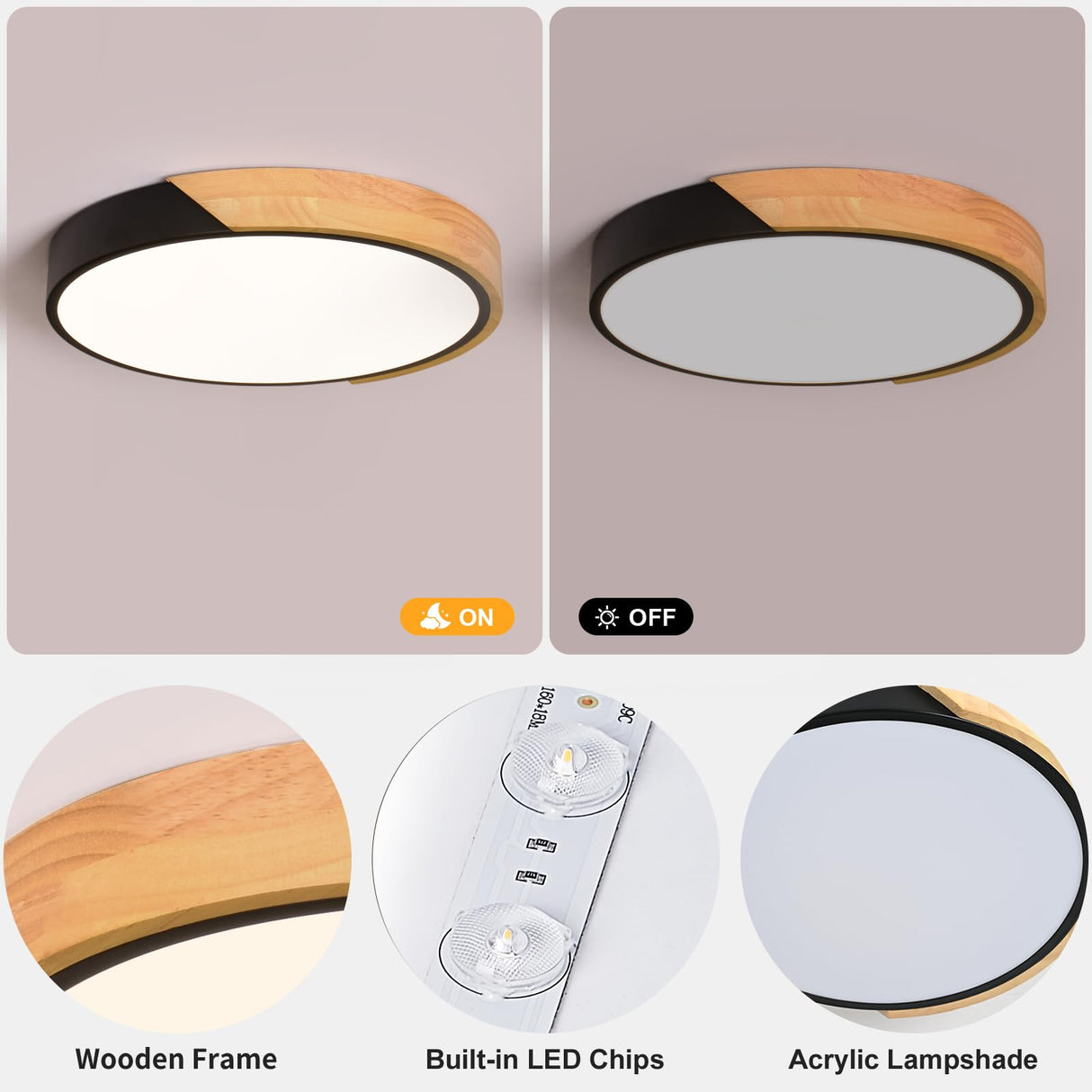Vikaey Modern LED Ceiling Light, Minimalist Wood Flush Mount Ceiling Light Fixture, 4000K Not Dimmable, Circle Lighting Lamp with Acrylic Lampshade for Bedroom Laundry Room Hallway (Black,11.8") Vikaey