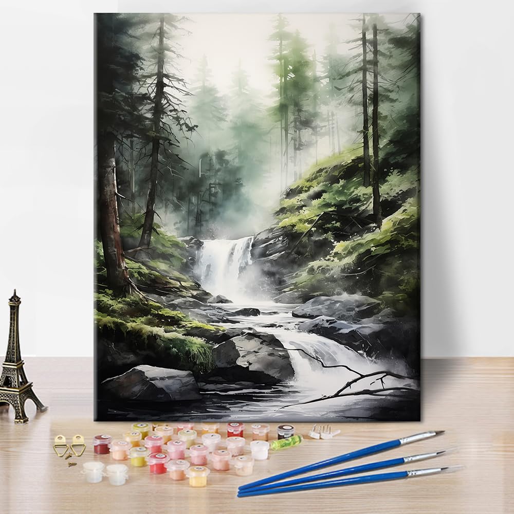 TUMOVO Paint by Numbers for Adults Waterfall in The Woods Adults' Paint by Number Kits Misty Forest Landscape Art Painting Kits with Brushes Oil Painting Art Crafts 16x20 in TUMOVO