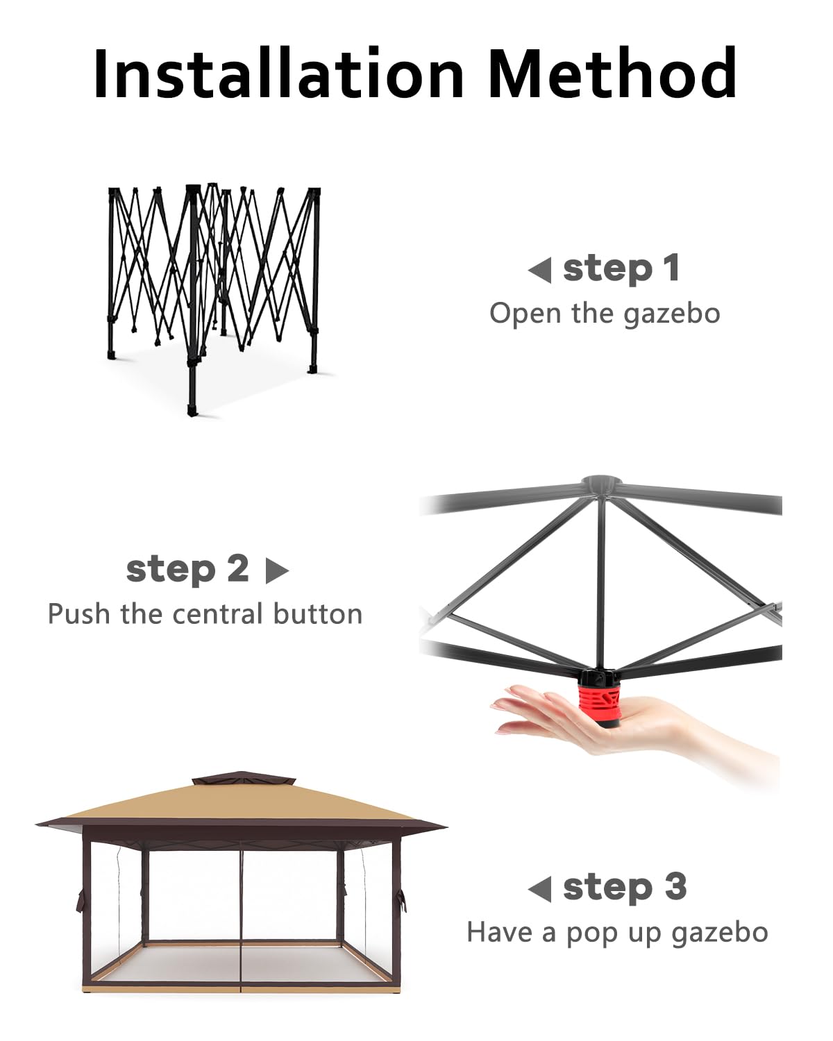 Garveelife Canopy Tent 13x13, Pop Up Gazebo Tent Easy Setupwith 4 Sand Bags for Backyard Garden Patio,Mosquito Netting & Height Adjustable - Khaki Garveelife