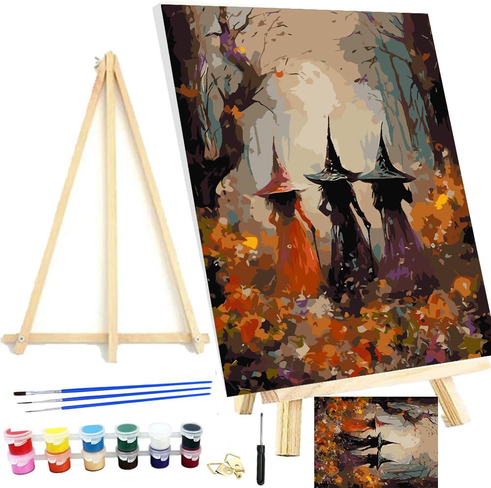 Meothan Framed Paint by Numbers Kits for Adults, Halloween Paint by Number for Adults Beginners, Paint by Numbers Kits on Canvas with Framed and Easel for Home Wall Decor 11.8x15.7inch (Witch) Meothan