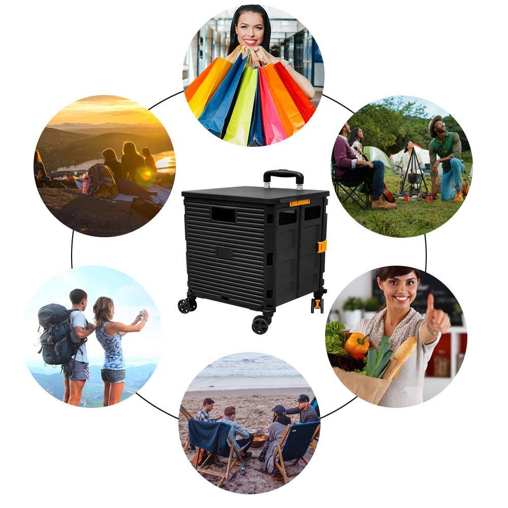 FELICON SELORSS Foldable Utility Cart Folding Portable Rolling Crate Handcart with Durable Heavy Duty Plastic Telescoping Handle Collapsible 4 Rotate Wheels for Travel Shop Move Luggage Office(Black) FELICON