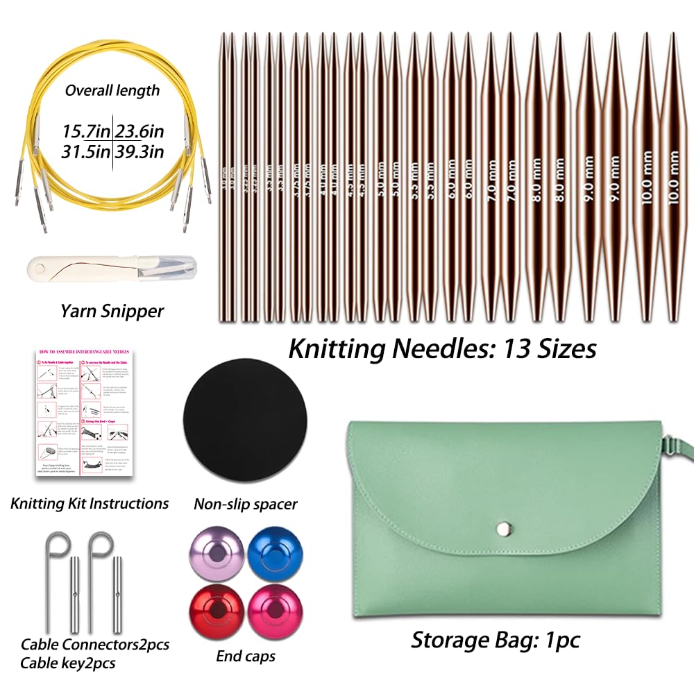 Lewhoo Circular Knitting Needles Set, 13 Pairs Interchangeable Aluminum Round Circular Needle for Knitting with Bag 3.0~10.mm Lewhoo