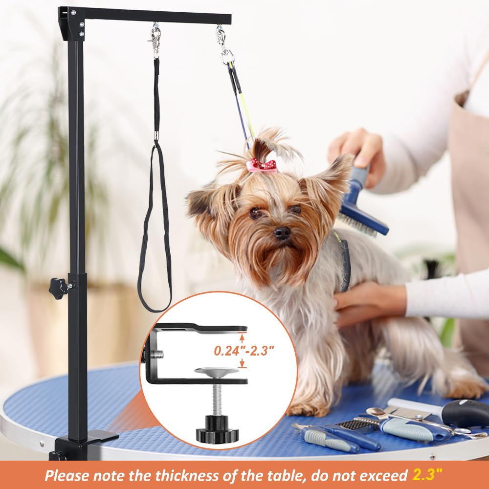 HIDOG Dog Grooming Arm with Clamp, Adjustable Dog Grooming Table Arm with Two No Sit Haunch Holder & Hammock Harness, Foldable Pet Grooming Supplies for Small Medium Dogs HIDOG
