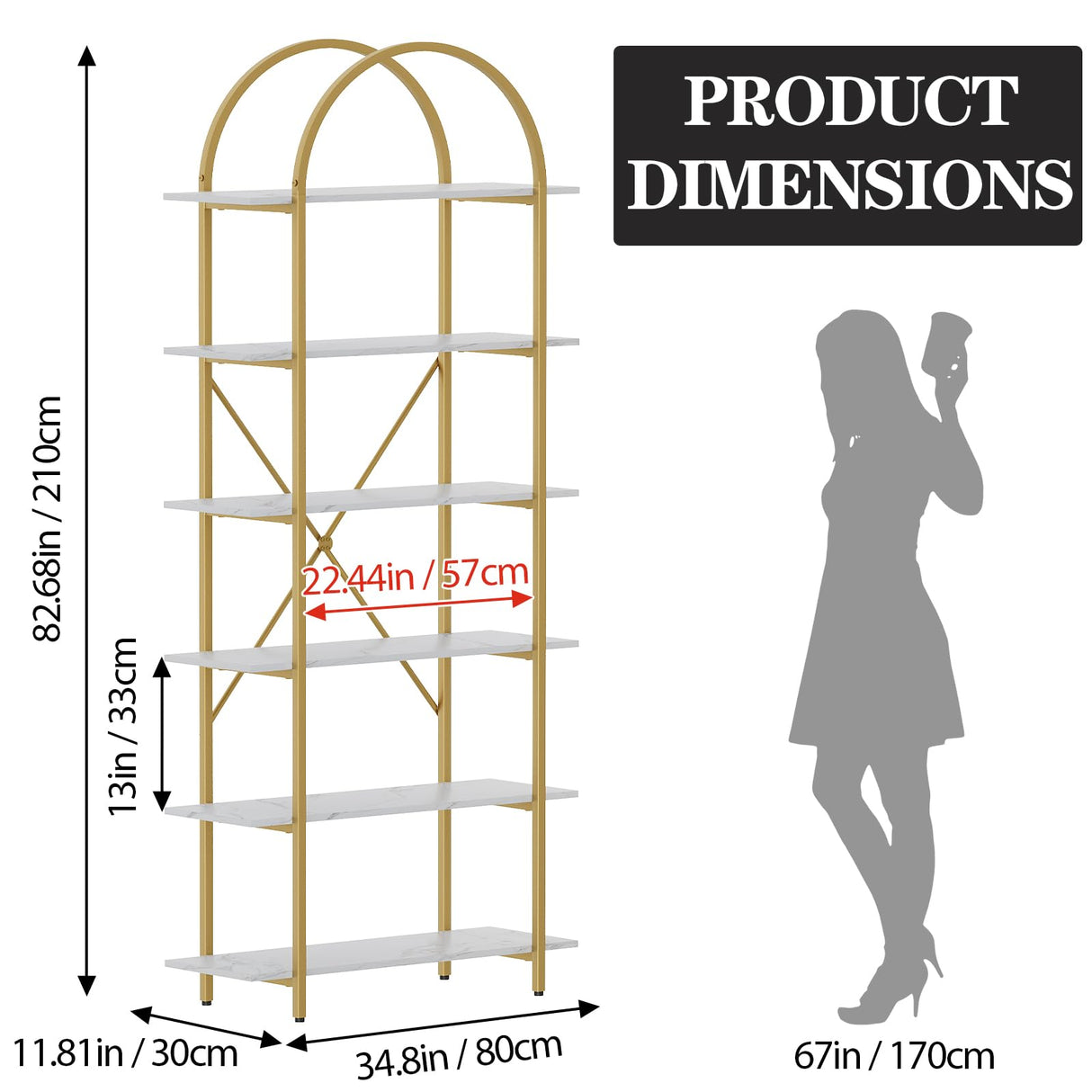 Arbuxzuy 6 Tier Bookshelf, 83" Tall Arched Bookcase, Tall Book Shelf with Metal Frame, Modern Display Standing Shelf for Living Room, Home Office, Bedroom, Gold