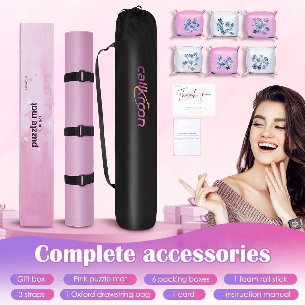 CALLKROON Puzzle mat Holds 2000 Pieces | roll-up Design with Non-Slip Rubber Bottom | 6 Sorting Boxes | Portable Puzzle Storage Box for Adults, Kids (Pink) CallKroon