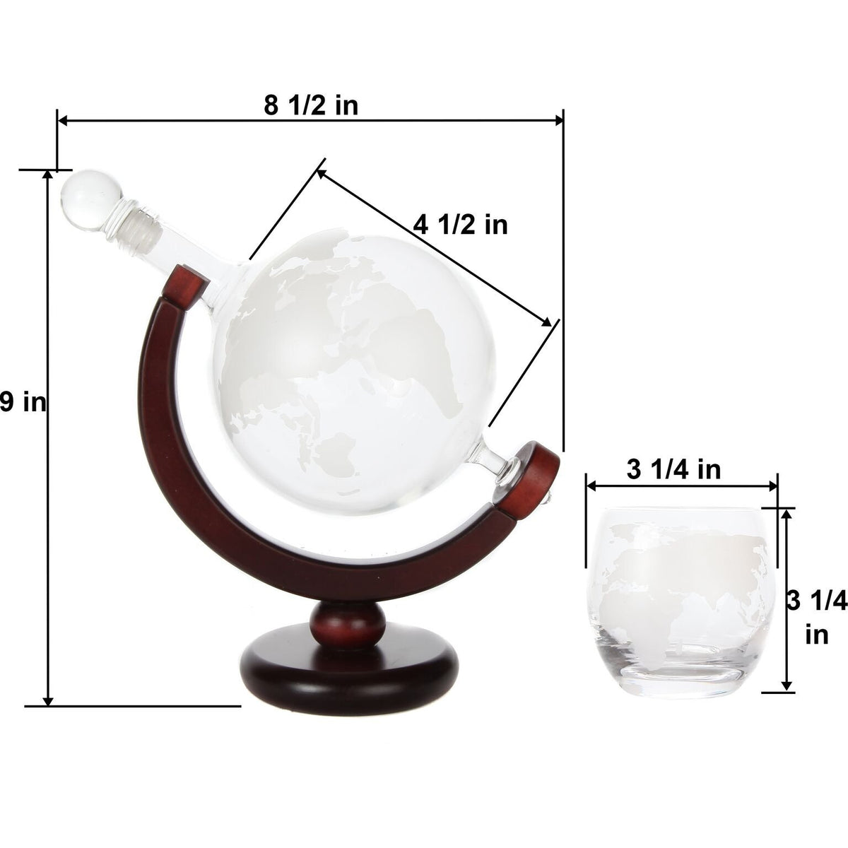 Lily's Home World Globe Whiskey Decanter with Dark Finished Wood Stand, Bar Funnel, and 2 Matching Glasses (850 ml) Lily's Home