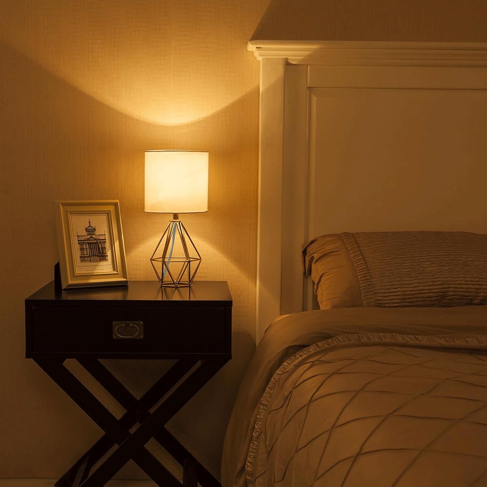 COTULIN Gold Modern Hollow Out Base Bedroom Small Table Lamp,Bedside Nightstand Lamp with Geometric Metal Base White Fabric Shade,Cute Desk Lamp for Kids Living Room COTULIN