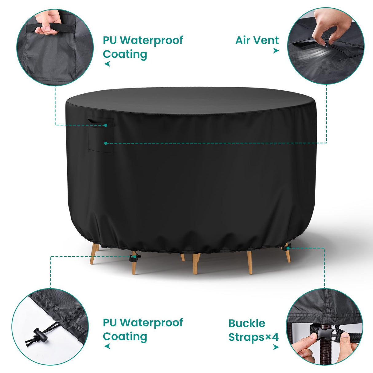 Mrrihand Round Patio Furniture Cover - Outdoor Chair Covers Waterproof Heavy Duty 600D Outdoor Table Chair Set Covers Anti-Fading Cover for Outdoor Furniture Set, 62" DIAx28 H, Black Mrrihand