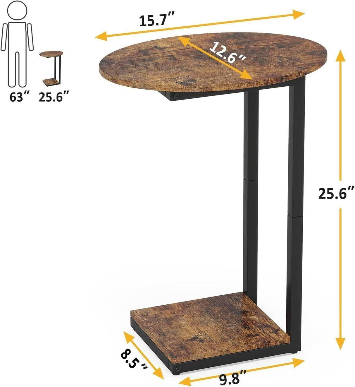 Hosfais Side Table Small End Table, C-Shaped Wood Sofa Table with Metal Frame for Living Room, Bedroom, Small Spaces (Rustic Brown) Hosfais