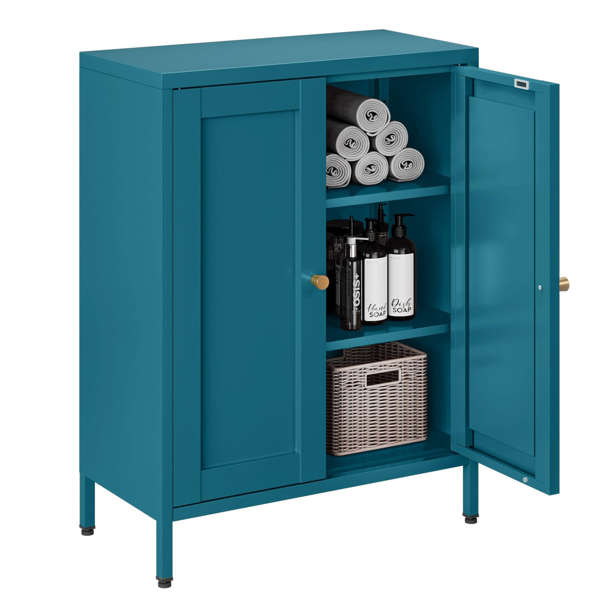 Bevivog Bathroom Floor Storage Cabinet,Metal Storage Sideboard with 2 Doors and 2 Adjustable Shelves,Modern Storage Freestanding Organizer Rust-Proof Locker,Living Room,Hallway,Blue Bevivog