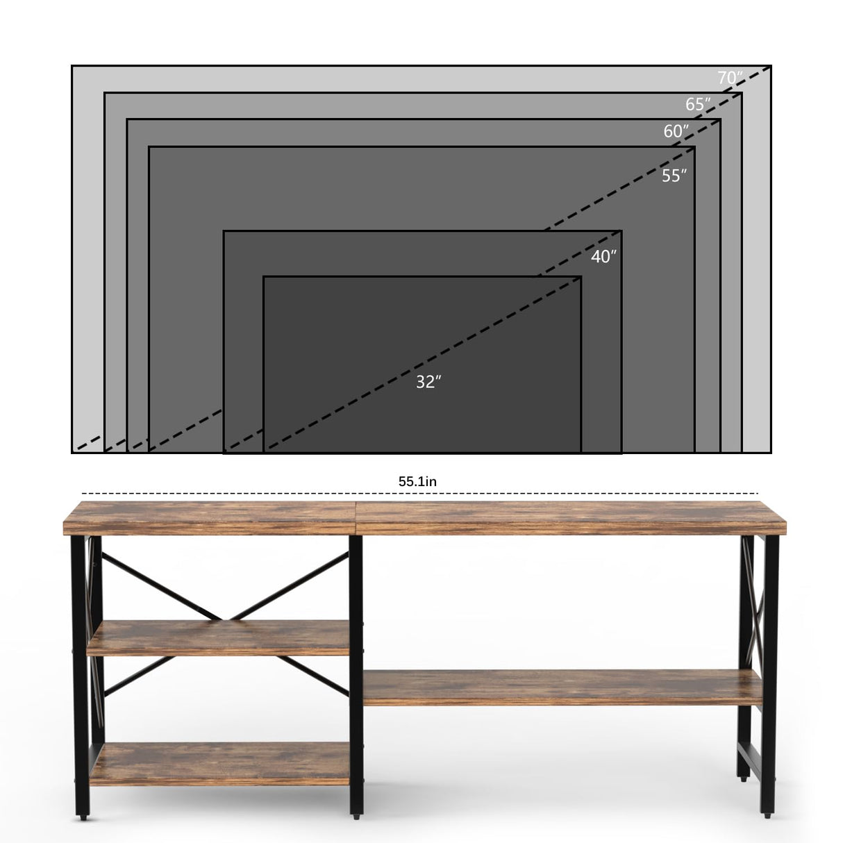 55 Inch TV Stand for TVs up to 70 Inch TV, Modern Entertainment Center with Open Storage Shelves, TV Media Console Table for Living Room, Rustic Brown CJMM