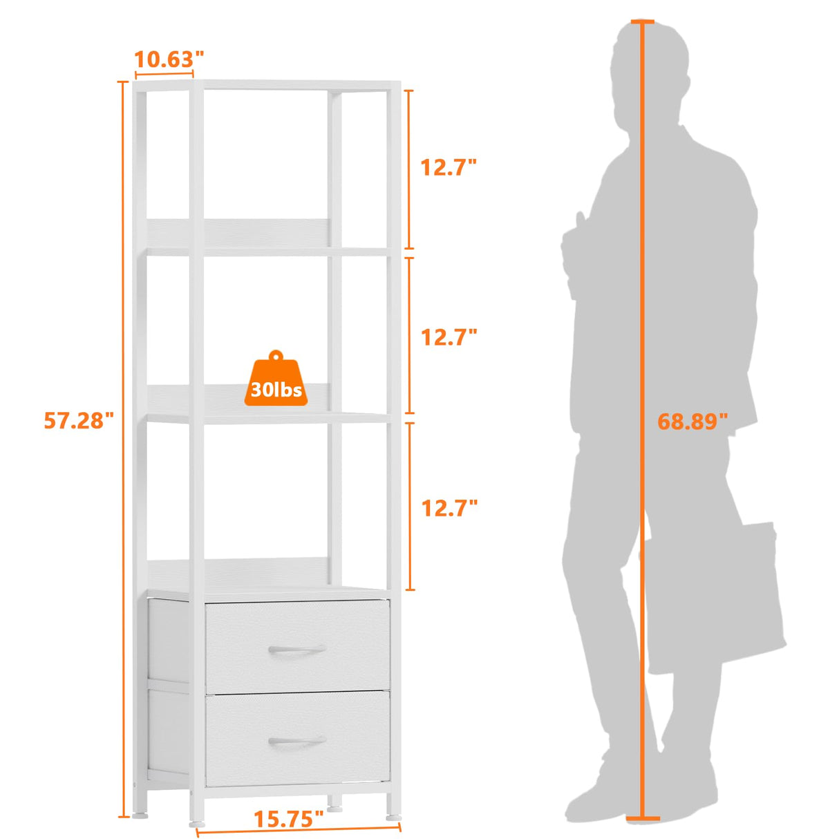 Furnulem 4-Tier Corner Shelf, Bookshelf with 2 Storage Drawers, 57.28”Tall Narrow Bookcase, Standing Shelf Organizer Unit for Living Room, Bedroom, Metal Frame, Wood Display Shelf Furnulem
