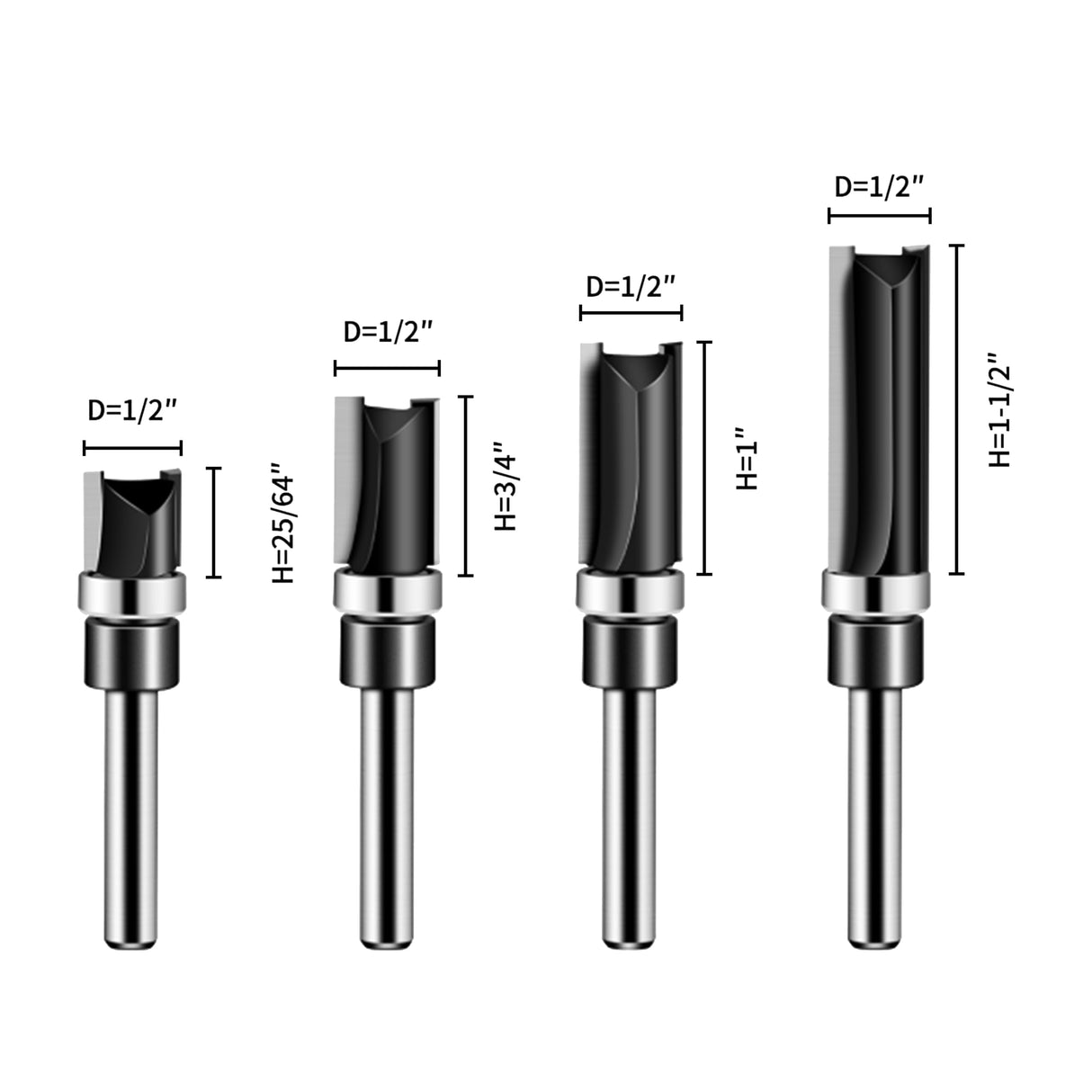 Pattern Flush Trim Router Bit Set, LANGSKIP'S 4PCS 1/4 Inch Shank Top Bearing Flush Trim Router Bit, Carbide Template Router Bits 1/2”, 3/4”, 1”, 1-1/2'' with Updated YG6X Carbide, Durable for DIY LANGSKIP'S