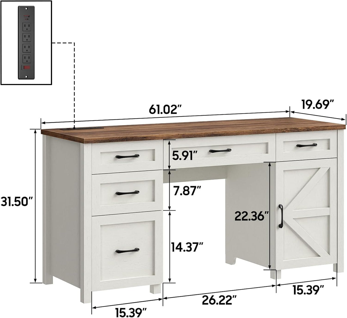 Farmhouse 61'' Executive Desk with 5 Drawers, Rustic Office Desk Computer Desk with Charging Station, File Drawers and Storage Cabinet, Wood Workstation for Study and Home Office,(Unique White) Vabches