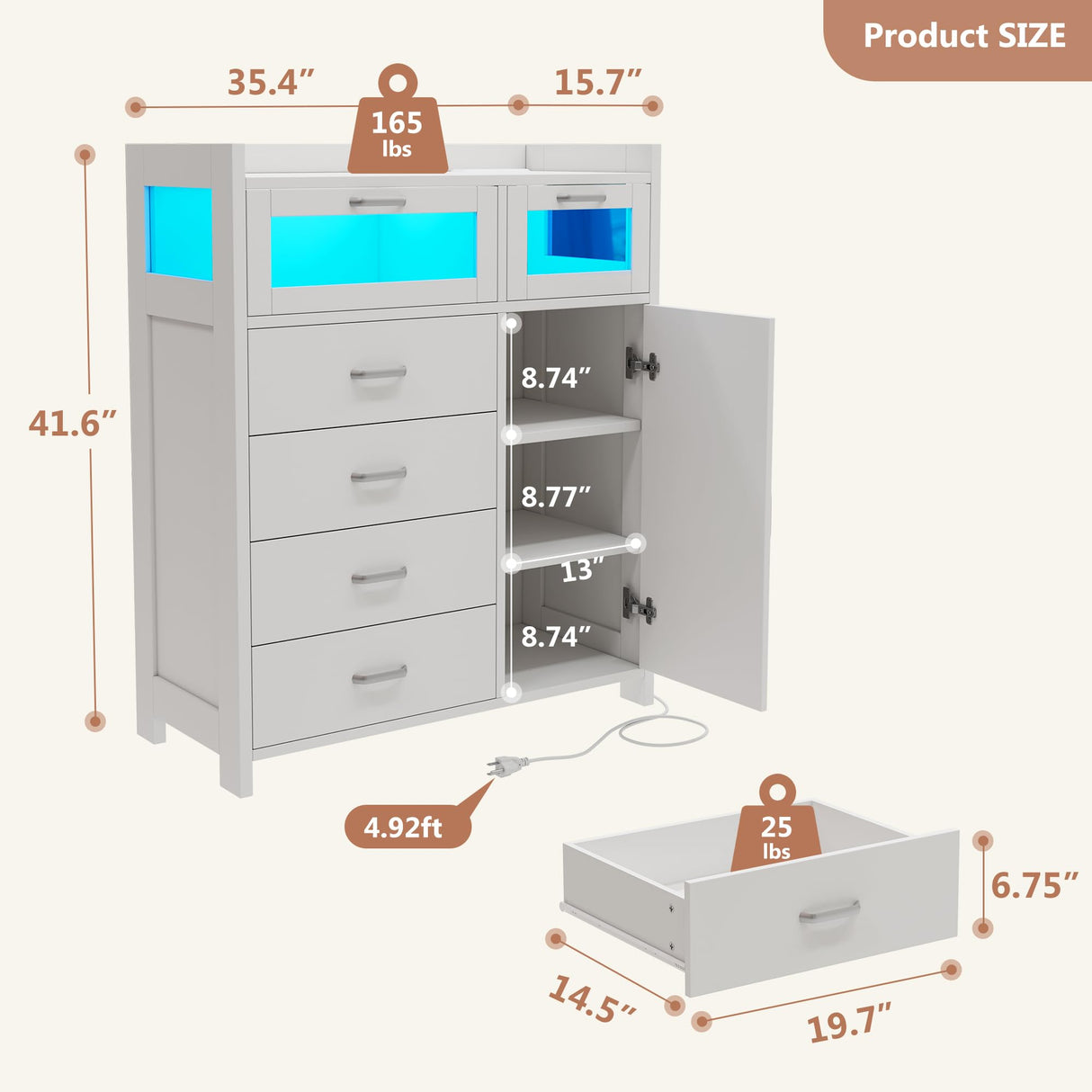 Alohappy 4 Drawers Dresser for Bedroom, Wood Chest of Drawers with Shelves Storage Cabinet, Modern Dresser with LED Lights and Charging Station for Living Room, Closet, Hallway, White Alohappy