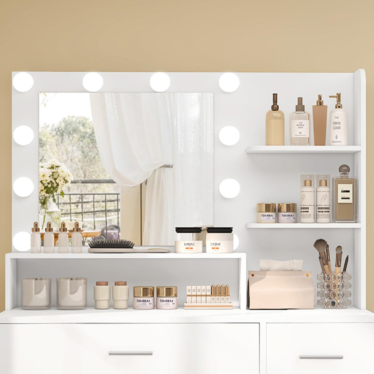 FIONESO Vanity Desk with Mirror and Lights, Makeup Vanity with 5 Drawers and 3 Storage Shelves, 3 Color Modes & Adjustable Brightness Dressing Table, Vanity Desk for Bedroom, White FIONESO