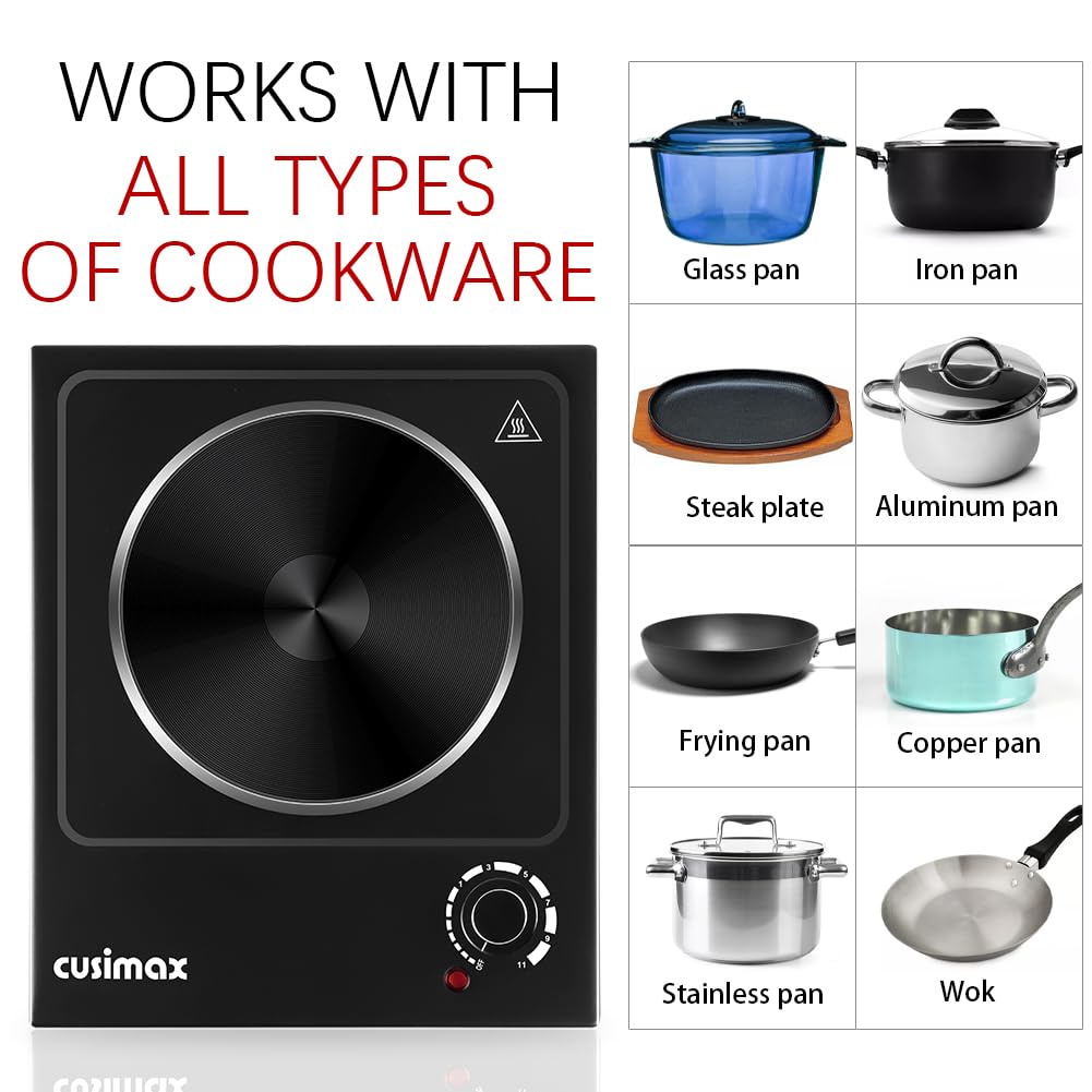 CUSIMAX Hot Plate, Single Burner Electric Cooktop, 1500W Electric Burner Hot Plate for Cooking with Adjustable Temperature, Portable Countertop Burner Stainless Steel, Black, New Model CUSIMAX