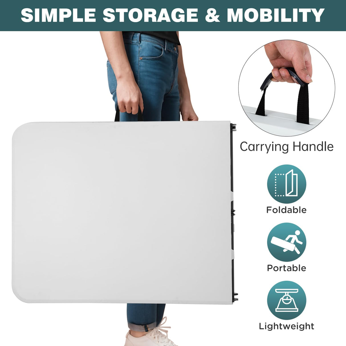 FDW 6 Foot Outdoor Dining Table, Foldable Portable Rectangular Plastic Folding Table with Built in Carrying Handle for Party and Wedding Use, White FDW