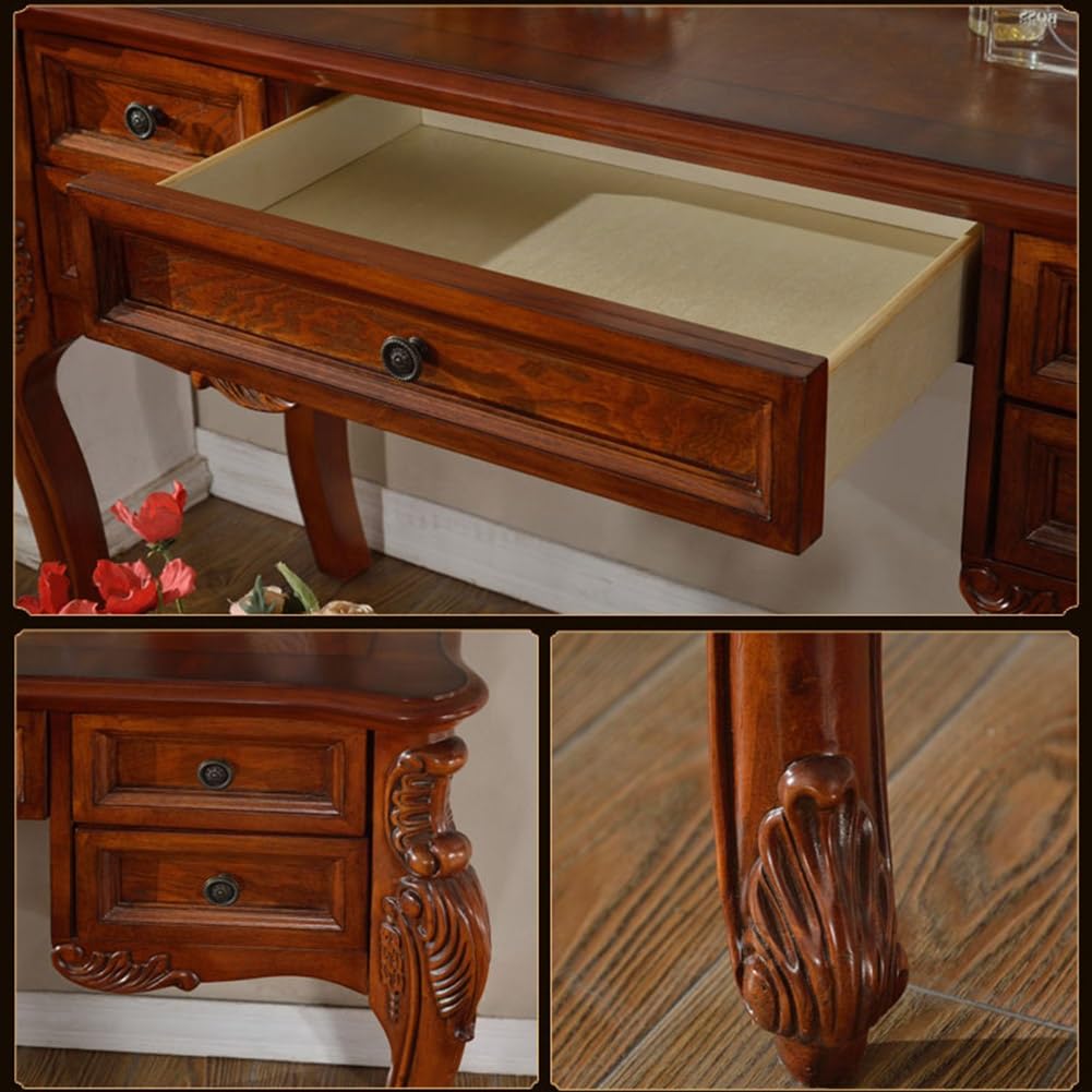 HEBEHO Mid Century Antique Makeup Vanity 39in, European Vintage Brown Makeup Table with 5 Drawers and Mirror, Fabric Upholstered Stool, Bedroom Dressing Table for Women Girls, 100x48x78cm HEBEHO