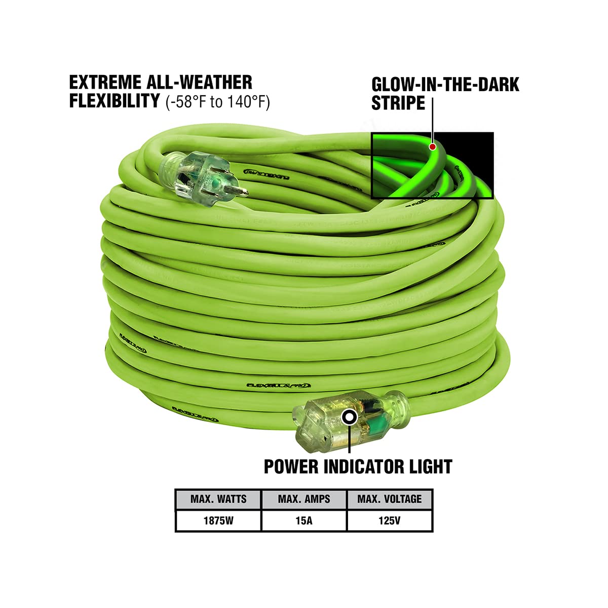 Flexzilla Pro Extension Cord, 12/3 AWG SJTW, 100 ft., Lighted Plug, Indoor/Outdoor, ZillaGreen - FZ512835 Flexzilla