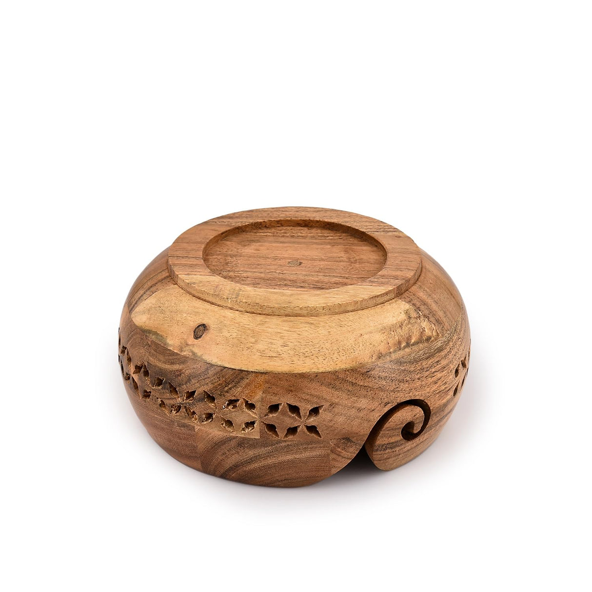 SAMHITA Acacia Wood Yarn Bowl Holder |Hand Carved Yarn Bowls for DIY Knitting Crocheting Accessories (7" x 7" x 4") Samhita