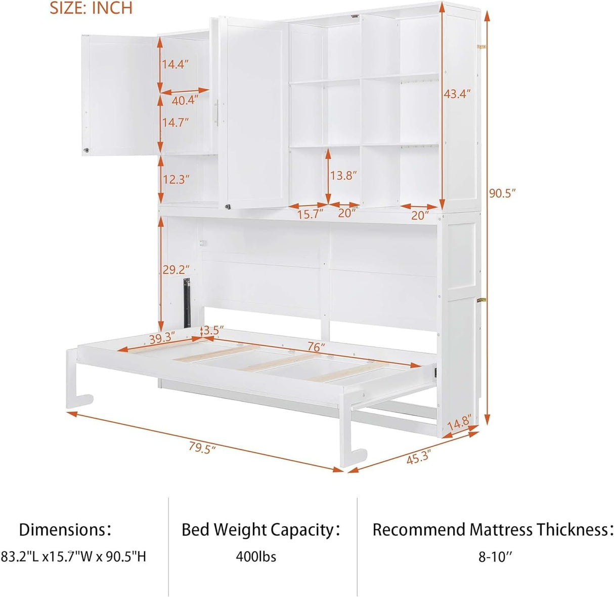 Twin Horizontal Murphy Bed with Storage Cabinet, LED Light and Charging Station,Wood Folding Murphy Wall Bed Cabinet with Bookcase and Shelves for Adult (White) MERITLINE