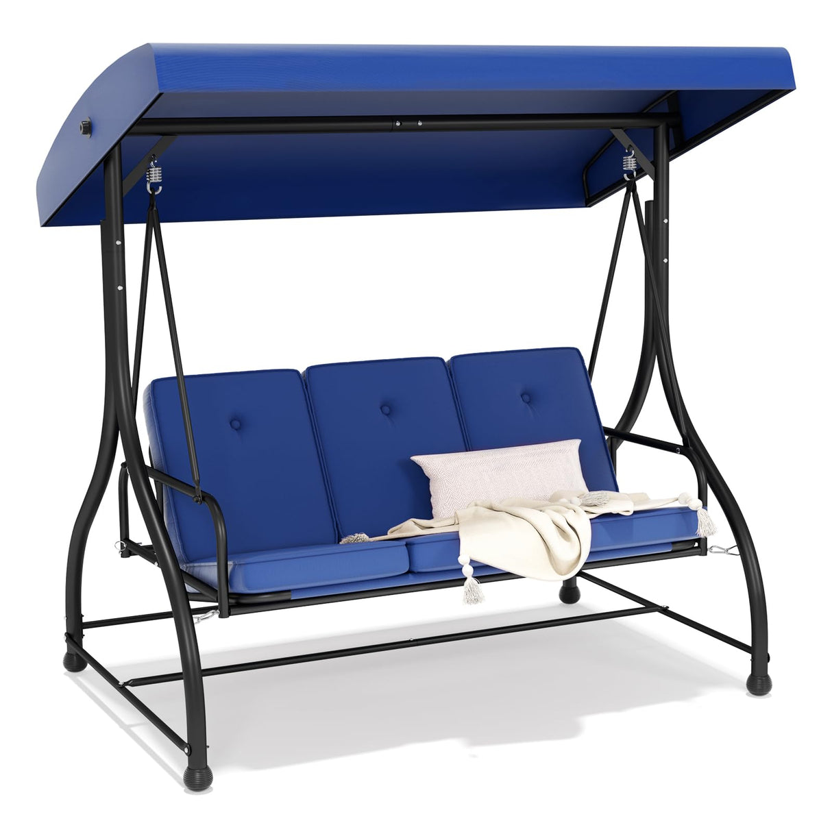 3-Seat Outdoor Patio Swing Chair with Adjustable Canopy Removable Cushion, Heavy Duty Porch Swing Glider for Patio, Backyard, Poolside, Balcony - Navy Blue FUNG YARD