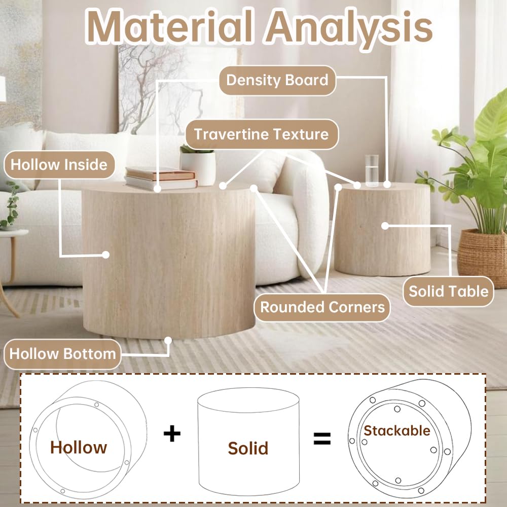 Round Nesting Coffee Table Set of 2 Modern Small Round Coffee Table Travertine Side Table Small Round End Table Circular Coffee Table Circle Nested Coffee Table for Living Room (Travertine) YYZIWYUN