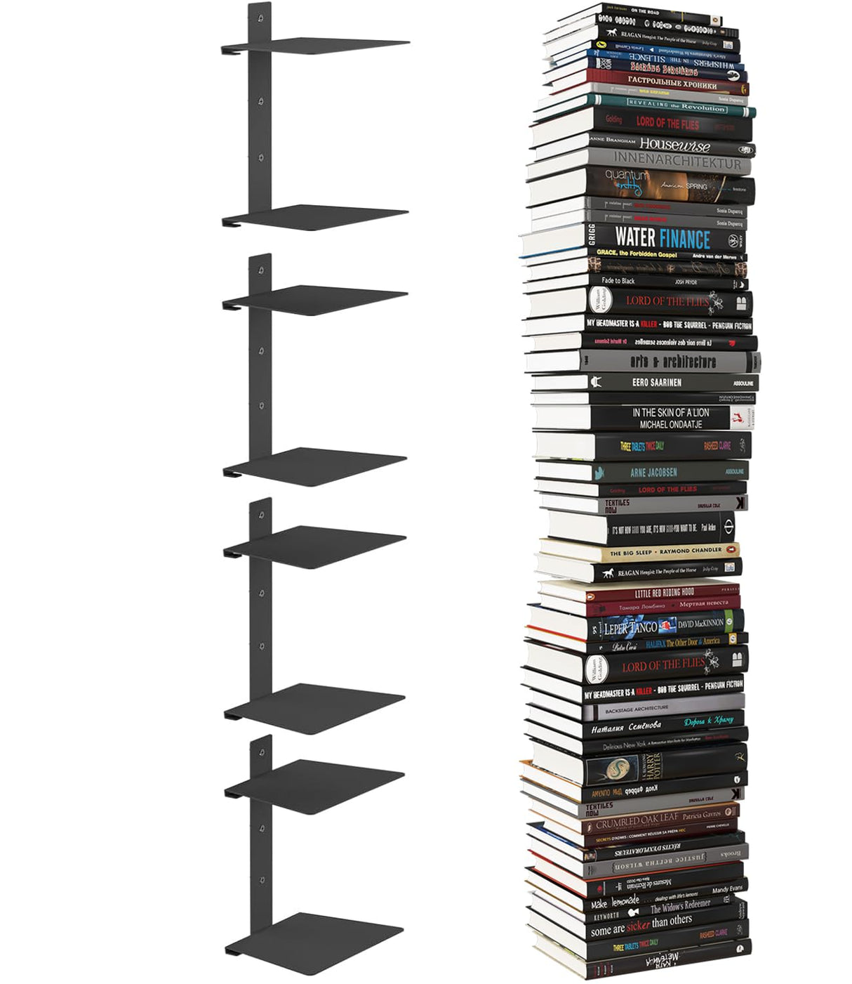Floating Book Shelves for Wall, 8 Tier Invisible Bookshelves Heavy Duty Metal Loads 120LBS, Vertical Spine Book Tower Hanging Bookshelves, Shelves for Room Wall Mounted, 4 Pack Black Wawocs