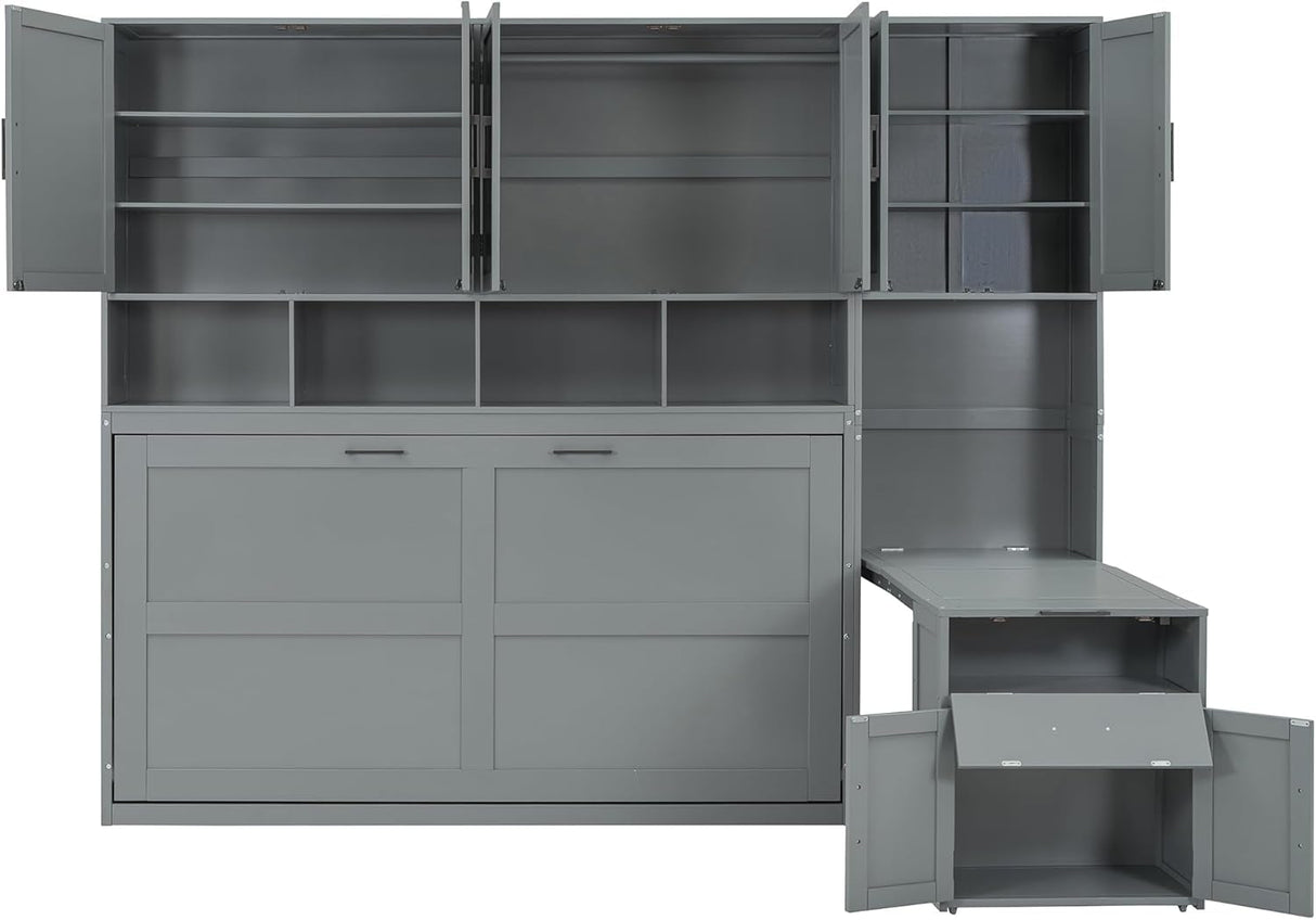 Virubi Twin Horizontal Murphy Bed with Desk and Wardrobe Closet,Wood Twin Folding Murphy Wall Bed with Storage Shelves Cabinets and Drawers for Adult (Grey) Virubi