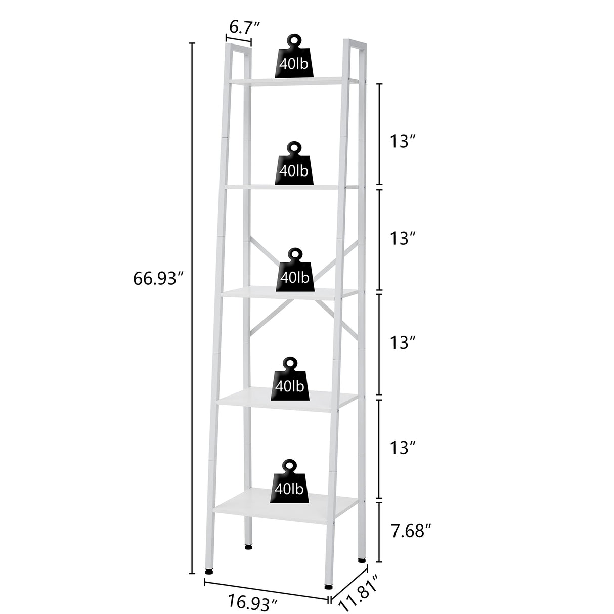 Hoctieon 5-Tier Industrial Ladder Bookshelf, Narrow Ladder Shelf, Tall Standing Bookshelf, Skinny Open Ladder Shelf, for Living Room, Home Office, Kitchen, Bedroom, Metal Frame, White Hoctieon