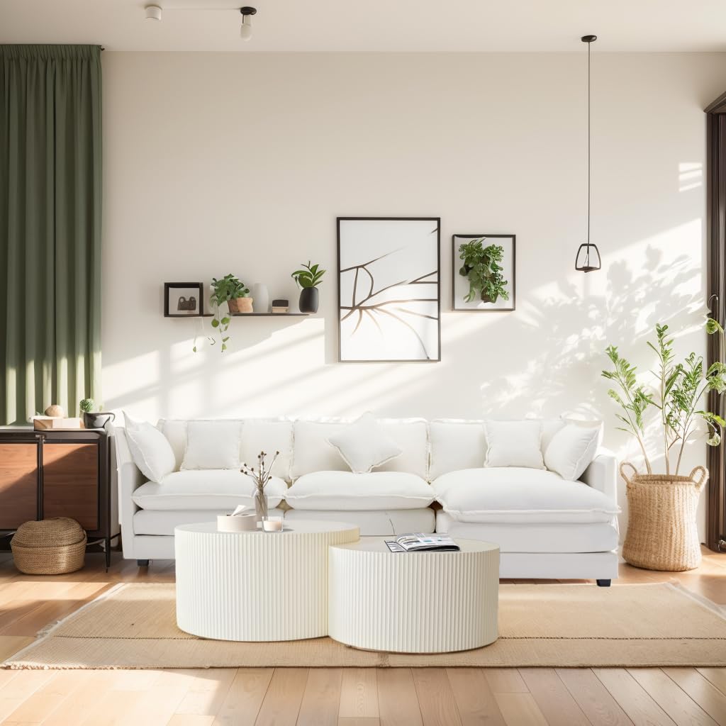 Nesting Coffee Table Set of 2, Modern Drum Side Table End Table, Wave Stripe Round Coffee Table for Living Room, Bedroom, Beige KIGFTSOD