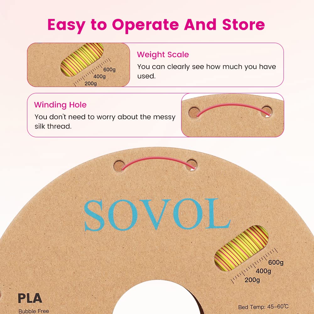 Sovol PLA Filament Silk Tri Color Co-Extrusion 1.75mm, 3D Printer Filament 1kg/ 2.2lbs, Shiny Silk Rose Blue Yellow 3 in 1 Coextrusion PLA Material +/-0.03mm Sovol