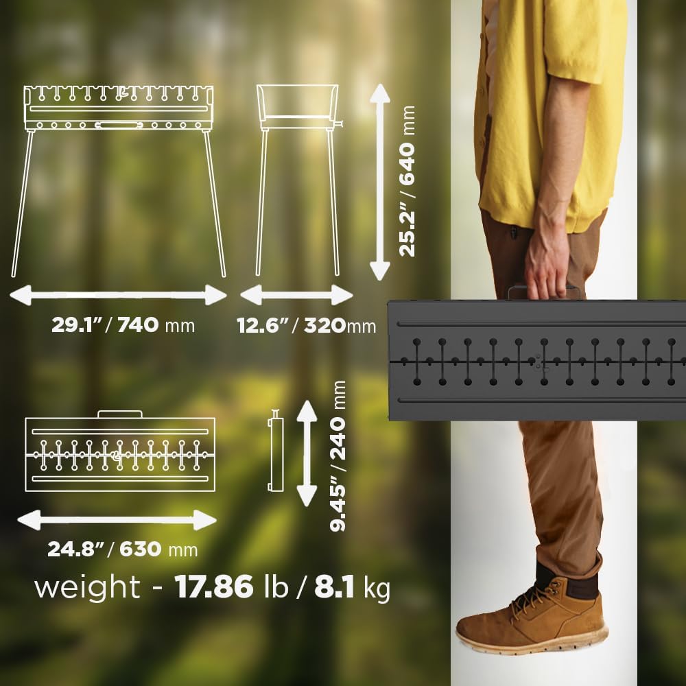 Charcoal Grill for 12 Skewers - Portable Barbecue Camp Grills - Mangal Schaschlik Foldable Metal Mangal - Kebab Shish BBQ for EDC Picnic Outdoor Cooking Camping Hiking NB12 MHH