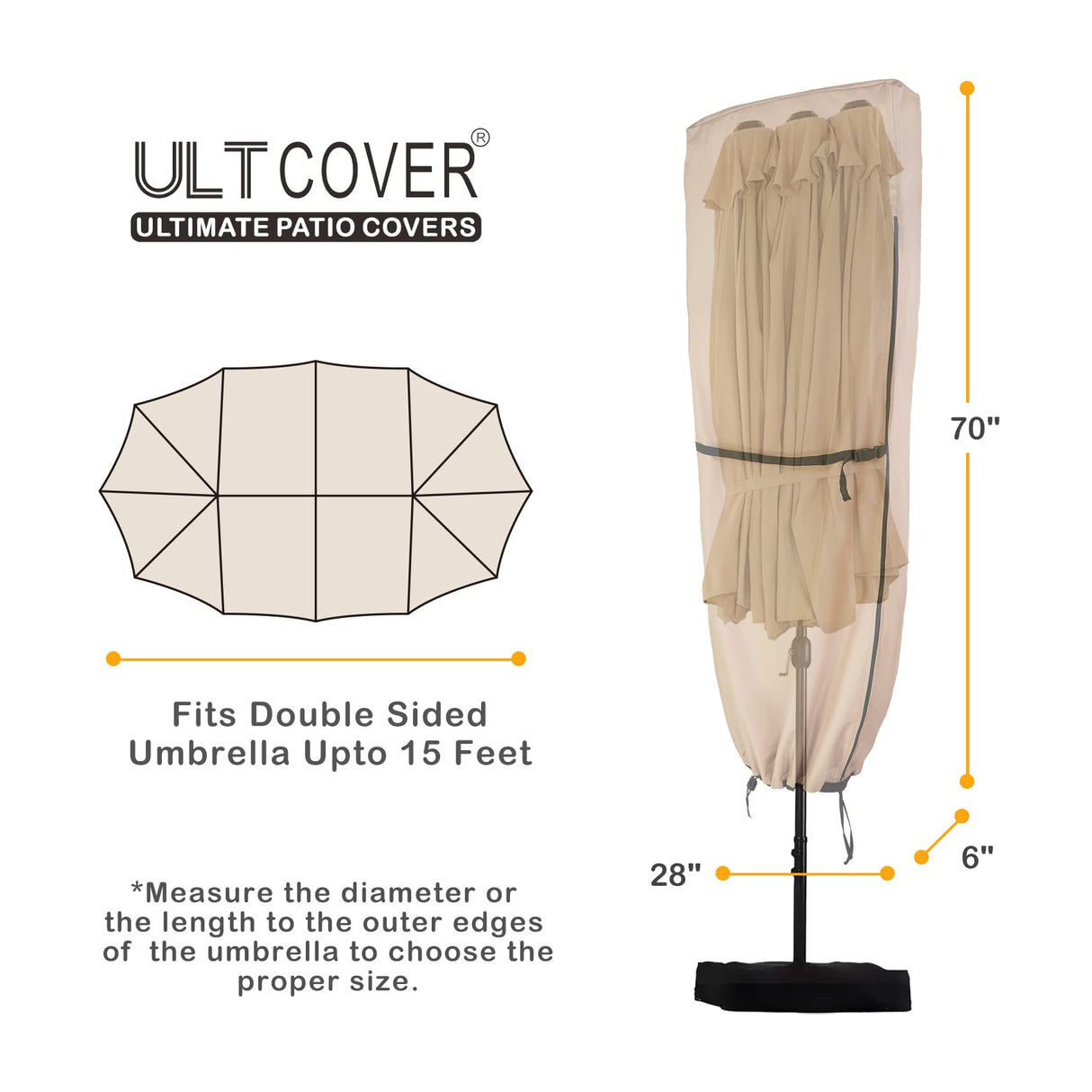 ULTCOVER Patio Parasol 600D Waterproof Outdoor Market Extra Large Umbrella Cover - Fits Double-Sided Umbrella 13-15 Feet ULTCOVER
