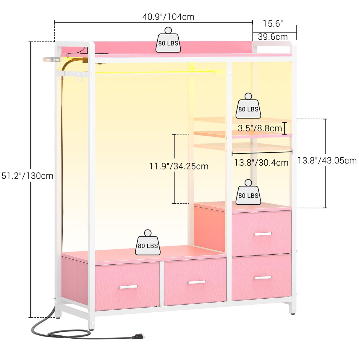 Cyclysio Dresser with Hanger Rack, 4 Drawers Dresser for Bedroom with Power Outlet and LED Lights, Cute Dresser with Storage Shelf for Bedroom Living Room, Pink Cyclysio