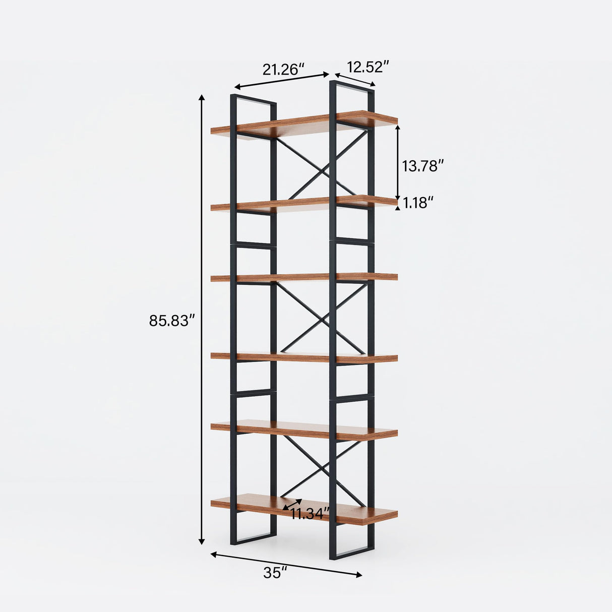 DAVEE 6-Tier etagered Walnut Shelf Bookcase with Black Metal Frame- 35.43x12.5x85 inches DAVEE