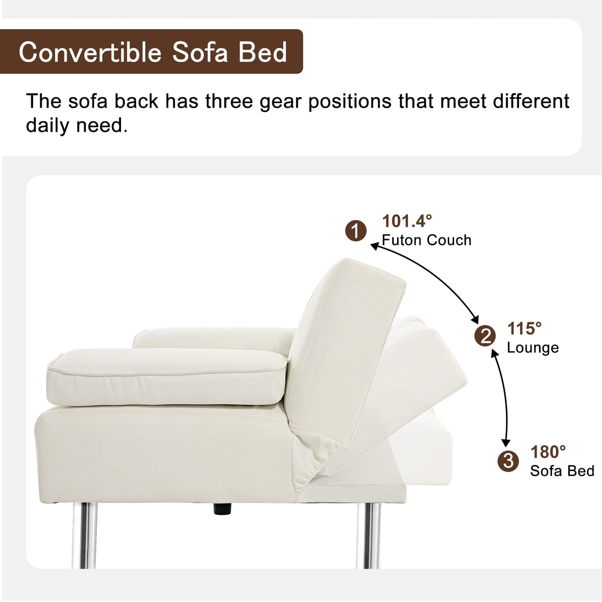 VECELO Modern Convertible Folding Futon Sofa Bed with Removable Armrests Breathable Linen Recliner Couch for Living Room/Apartment Lounge, 2 Cup Holders, White VECELO