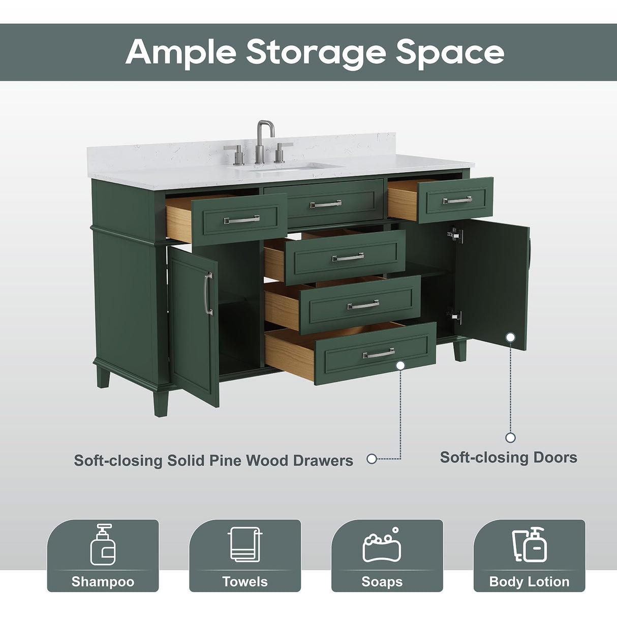 DELUXE LIVING 60 Inch Bathroom Vanity with Sink, Single Sink Bathroom Vanity with Adjustable Feets, Modern Bathroom Storage Cabinet with Soft Closing Doors & Dovetail Drawers, Green DELUXE LIVING