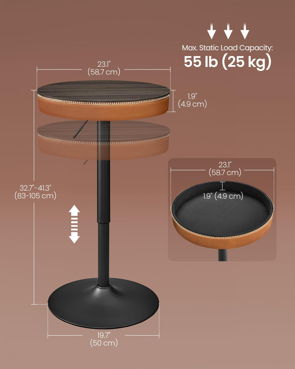 VASAGLE EKHO Collection - Height Adjustable Bar Table, Round High Pub Table with Storage, Synthetic Leather with Stitching, Mid-Century Modern, Kitchen Home Bar, Ash Brown and Caramel Brown VASAGLE
