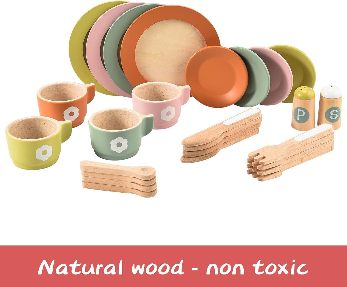 Giant bean 27PCS Wooden Toy Plates and Dishes for Kitchen Set,Montessori Kitchen Toys for Girls and Boys, Wooden Play Kitchen Accessories Giant bean