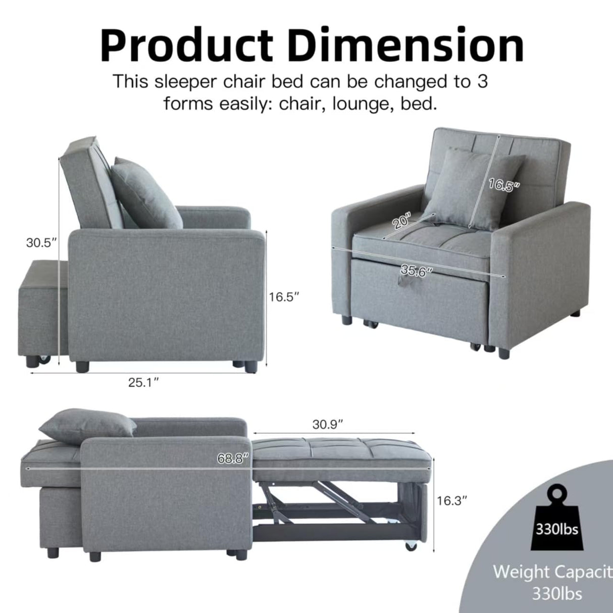 Yosonch Sofa Bed Chair Convertible ,Sleeper Sofa with Pull-Out Bed ,3-in-1 Futon Couch with Reclining Backrest and Side Pocket (Light Grey, 35.6‘) Yosonch