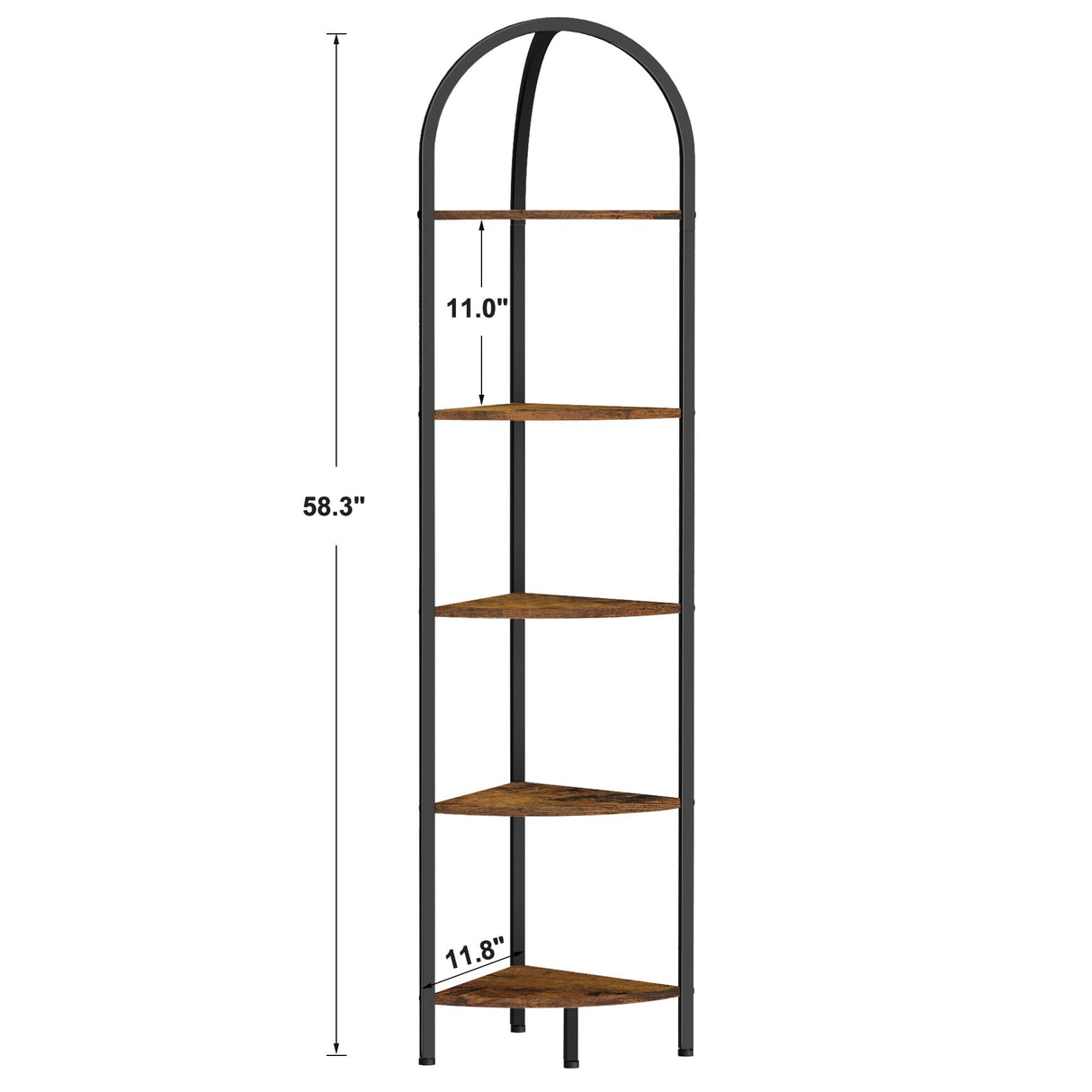 Homhedy 5-Tier Corner Shelf Stand, Wall Corner Bookshelf with Metal Frame, Bathroom Storage Rack Shelf, Plant Stand, Industrial Style,Rustic Brown and Black Homhedy