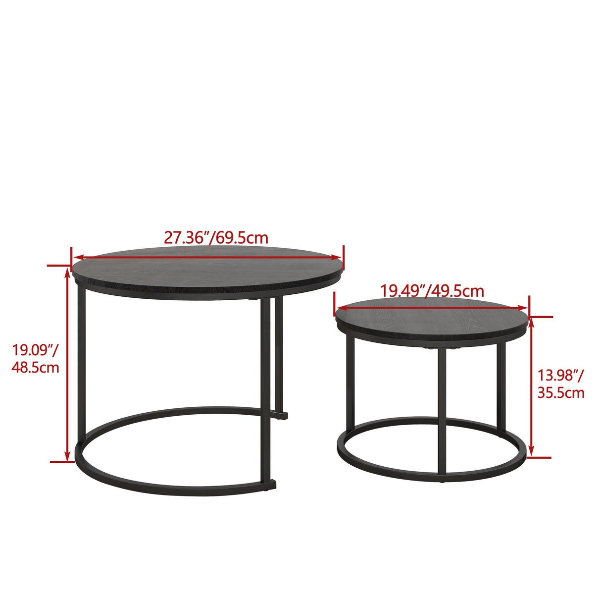 HOJINLINERO Round Coffee Table Set of 2 End Tables for Living Room,Black Coffee Table Nesting Tables,Living Room Table Wooden Accent Furniture Metal Frame,Sturdy Stacking Side Tables,Easy Assembly HOJINLINERO