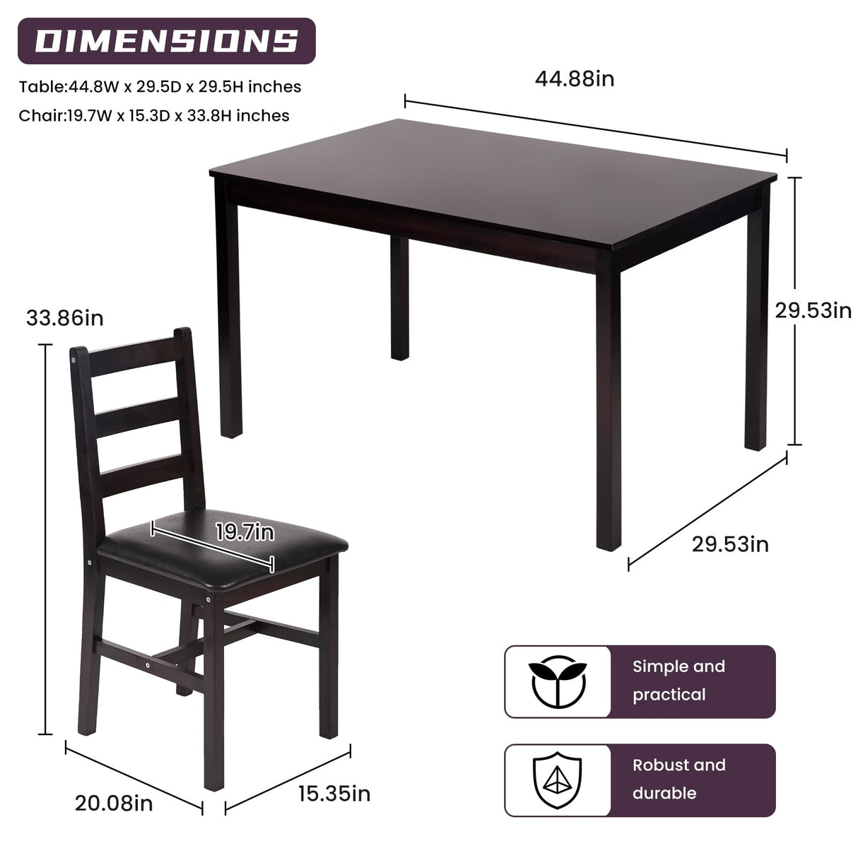 Kitchen Table Set 5 Piece Dining Table Set Sturdy Wooden Square Table and Chair Breakfast Table Set for 4 Person, Small Dining Room Table Set for Restaurant Home Kitchen Living Room, Brown Pazidom