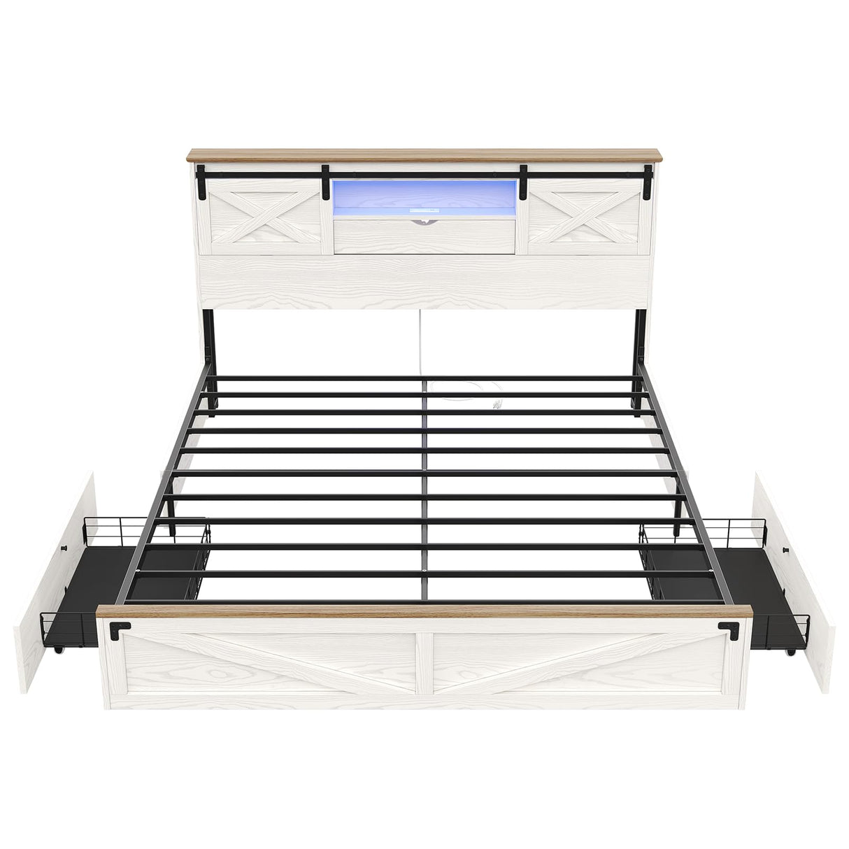 Hasuit Farmhouse Bed Frame California King Size with Storage Bookcase Headboard, Wooden Cal King Bed with LED Lights, Charging Station, 2 Drawers, Country Rustic Bed Frame with Sliding Barn Door Hasuit