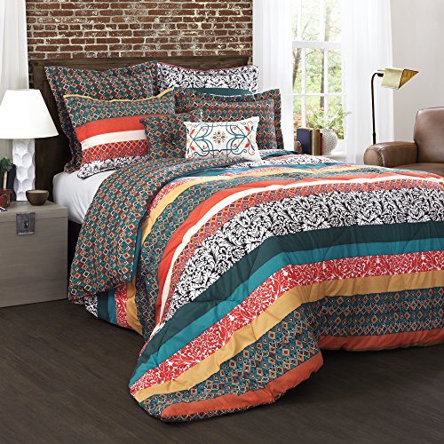 Lush Decor Boho Striped Reversible 7 Piece Comforter Bedding Set, King, Turquoise & Tangerine Lush Decor