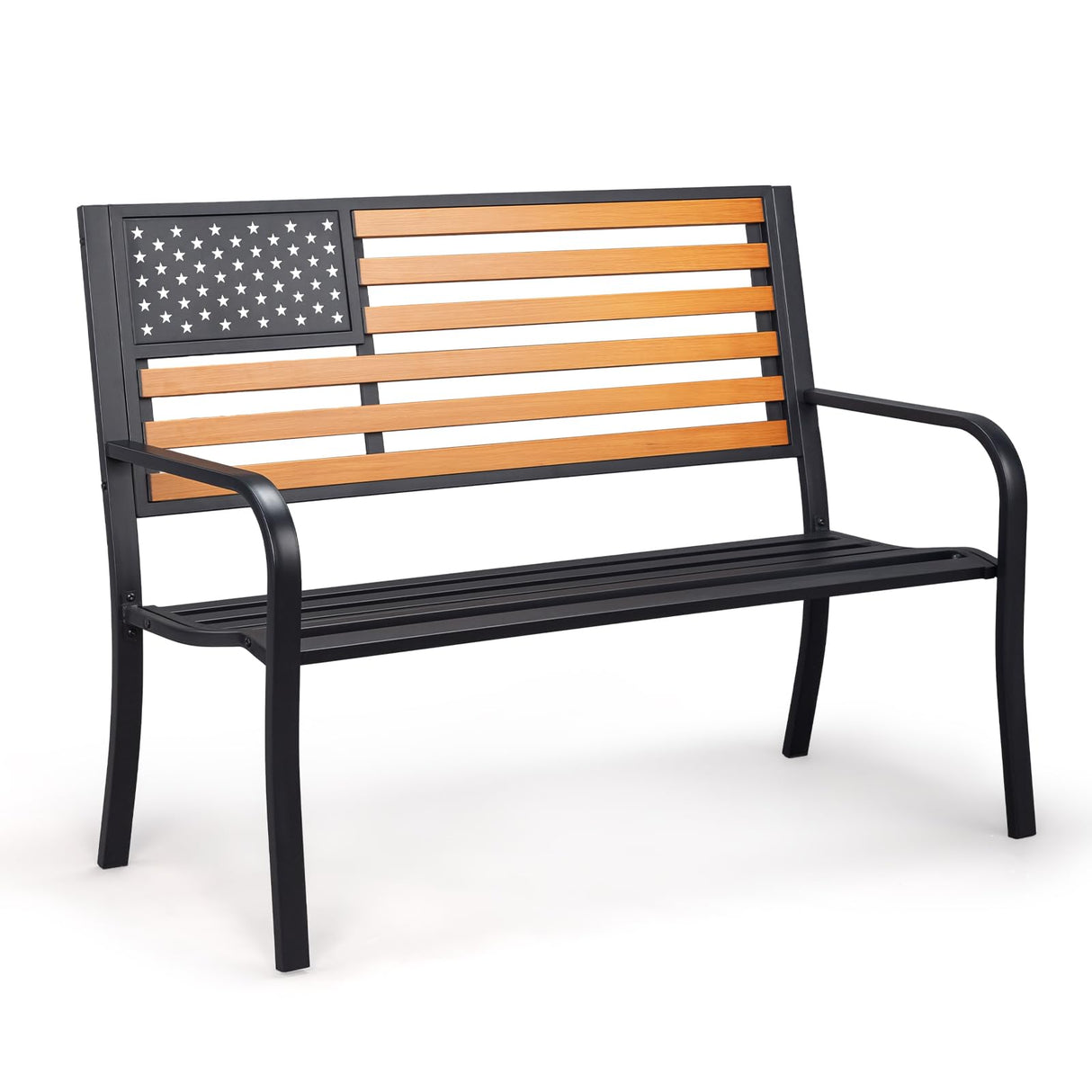 VINGLI Outdoor Metal Bench, 50in Weatherproof Garden Bench w/American Flag Style, 2-Person Sturdy Steel Patio Bench for Front Porch Yard Park VINGLI